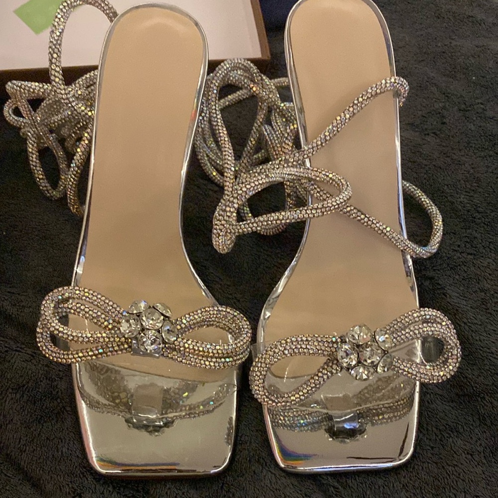 Silver Strappy High Heels with Crystal Embellishments